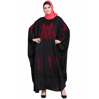 Designer Kaftan abaya with embroidery work- Black-Red